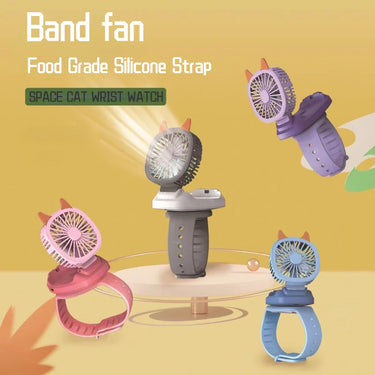 Four colorful Portable Cat Handheld Fans by KittyNook Cat Co. on silicone straps, shown on a pastel background.
